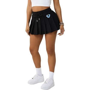 True Religion Women’s Vintage Pleated Mini Skirt – Mid-Rise Waist, Raw-Cut Hem, Pleated Detailing(Jet Black)
