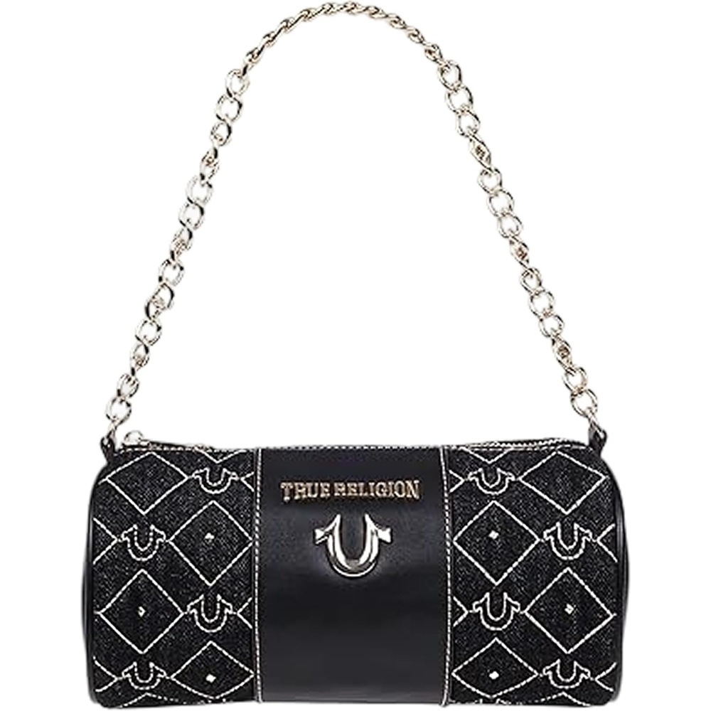 image:imageTrue Religion Barrel Bag Studded Zip Top Purse with Chain Handle Adjustable Crossbody Strap and Gold HardwareBlack