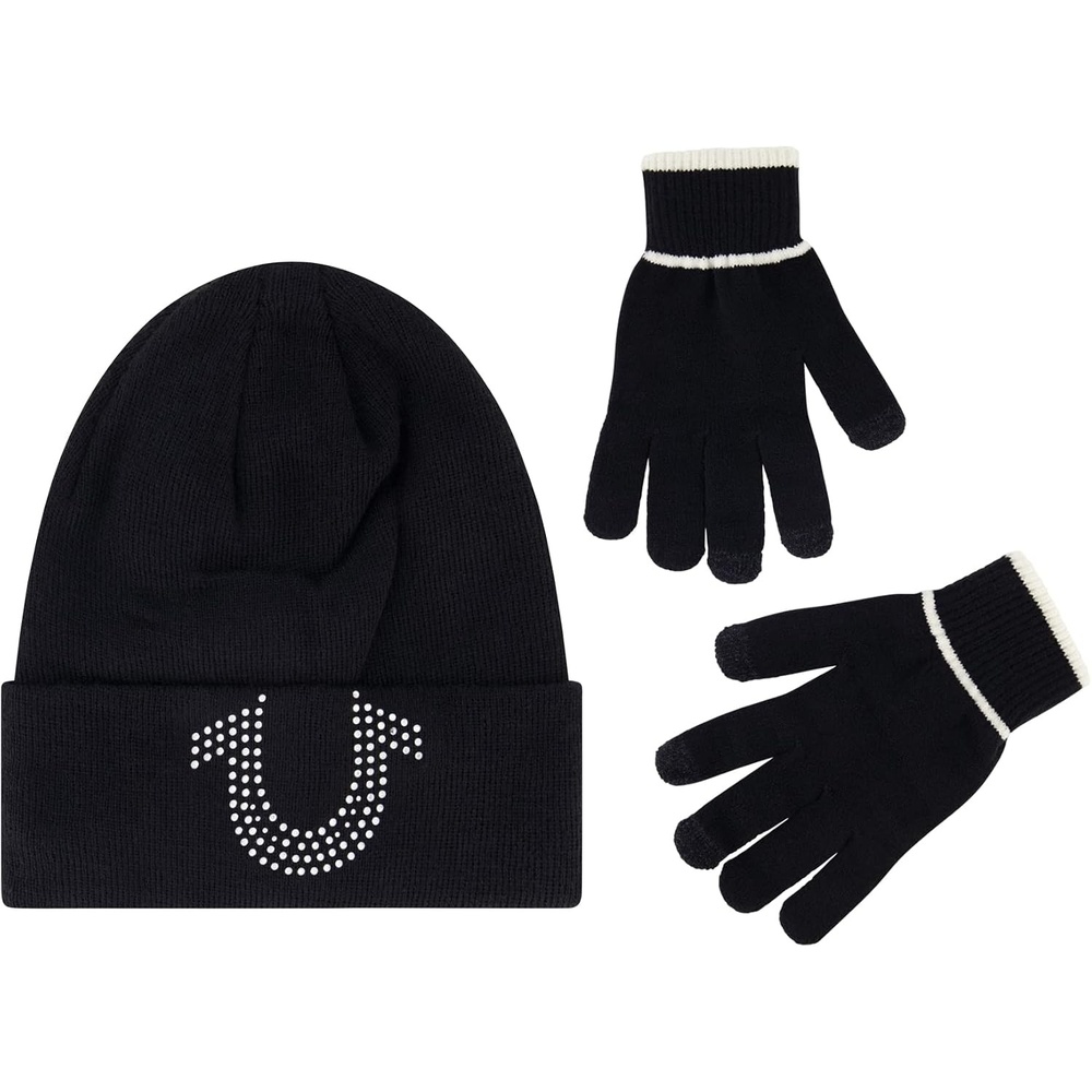 image:imageTrue Religion Beanie Hat and Touchscreen Glove SetBlack