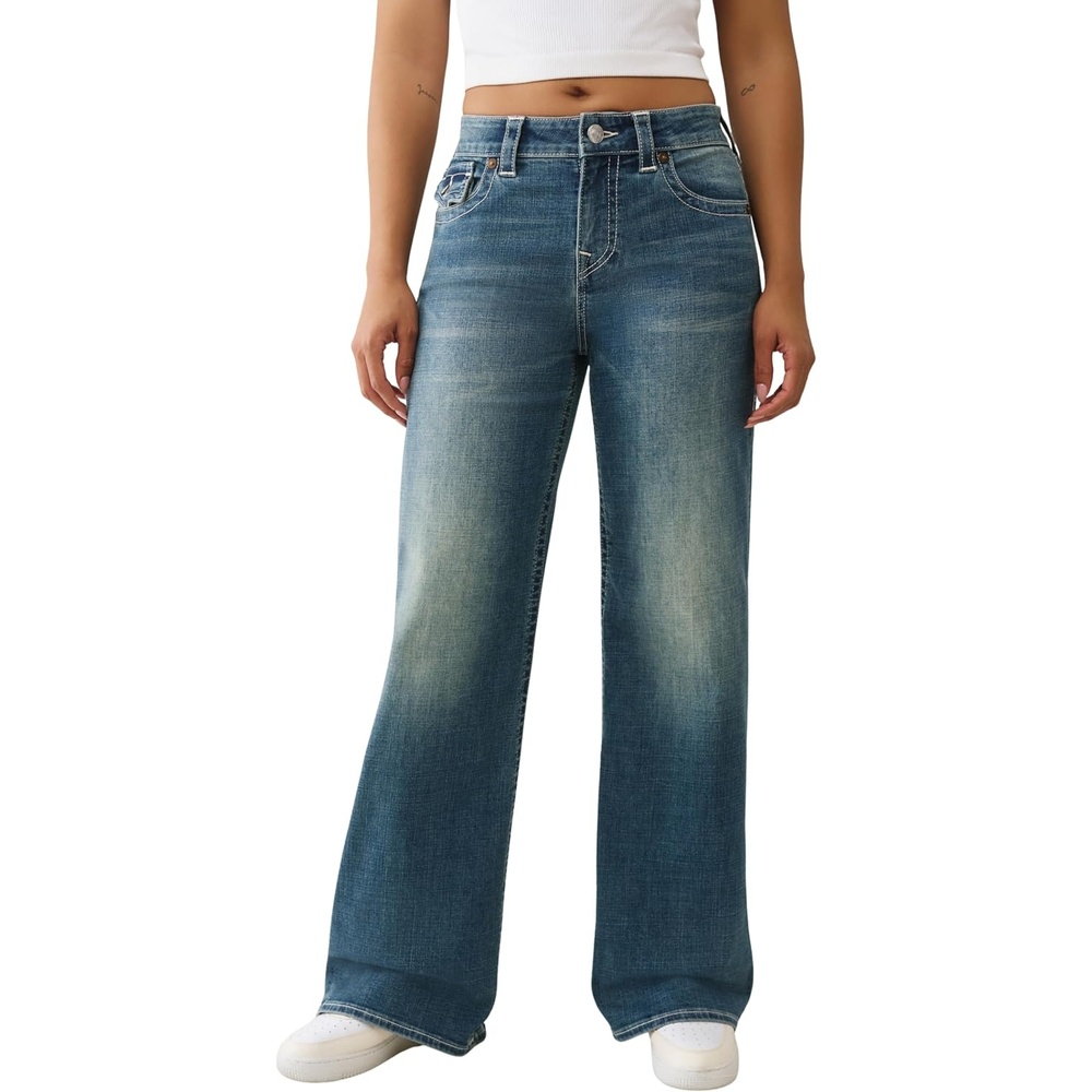image:imageTrue Religion Bobbi Baggy Jeans  Womens Wide Leg Denim with Distressed Hem amp Flap Pockets