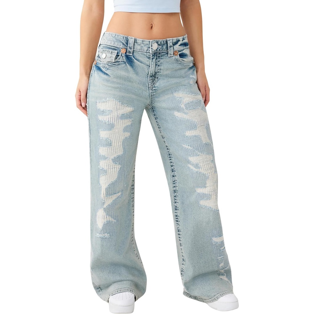 image:imageTrue Religion Bobbi Big T Baggy Jeans for Women  Low Rise Wide Leg Denim with TwoTone Stitching amp Flap Pockets