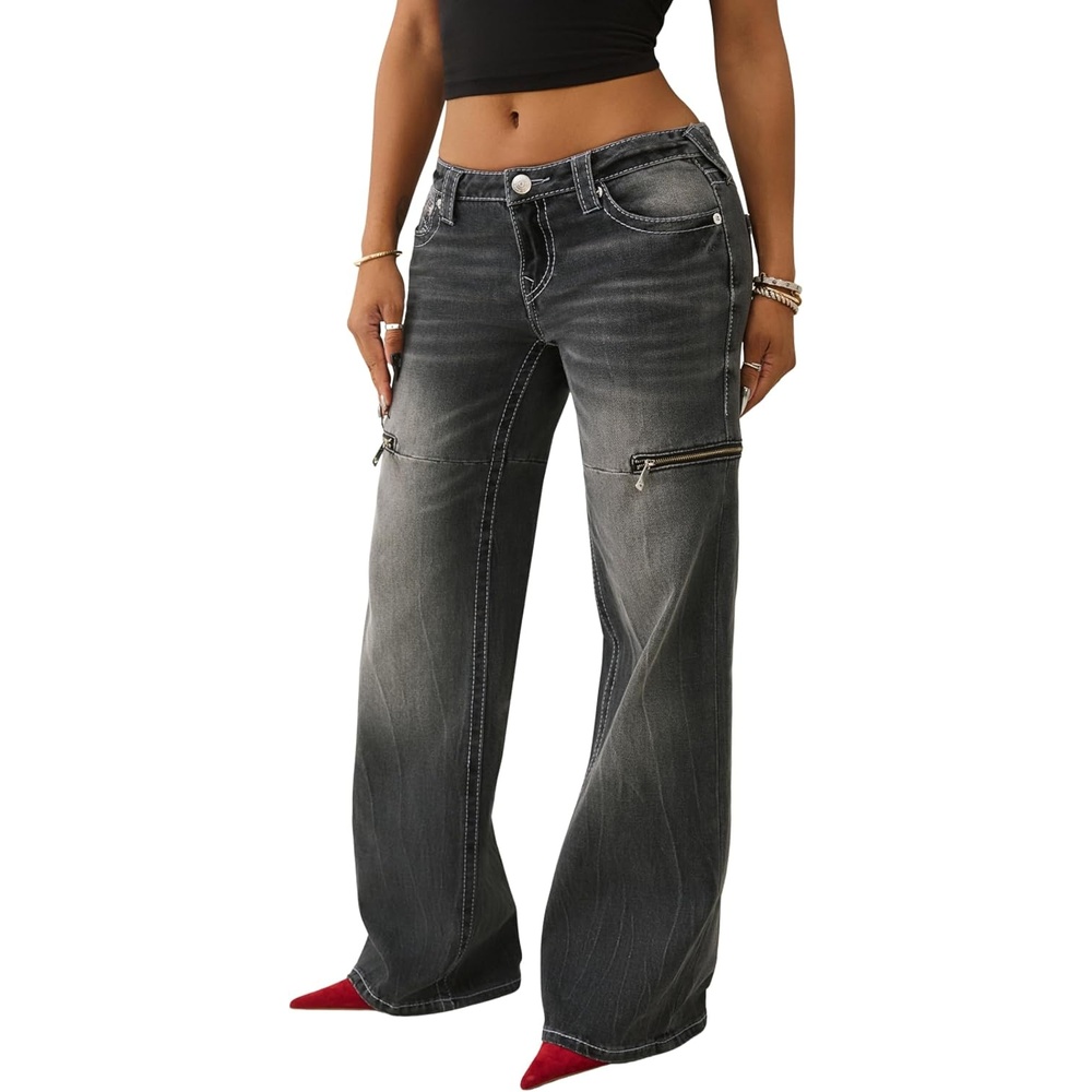 image:imageTrue Religion Bobbi Low Rise Baggy Womens Jeans  Horseshoe Back Pockets Big T Stitching