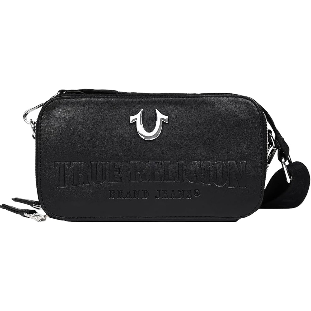 image:imageTrue Religion Camera Bag Black  DoubleZip Horseshoe Crossbody Purse with Adjustable Strap Embossed Logo and Silver Hardware