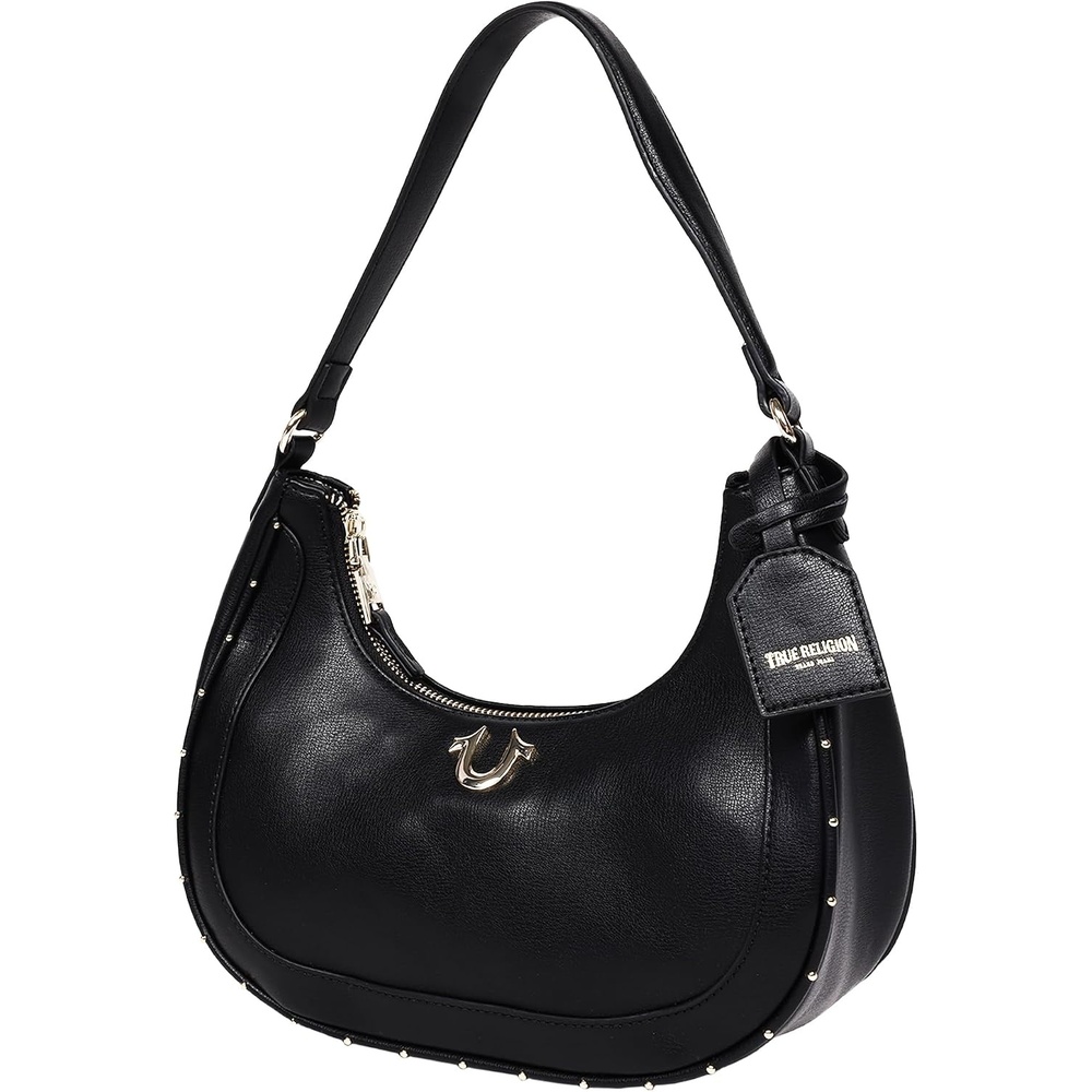image:imageTrue Religion Crescent Hobo Purse Studded Chain Shoulder Bag with Dual Carry Straps Gold Detail Black  Studded Chain Shoulder Bag with Dual Carry Straps Gold Detail