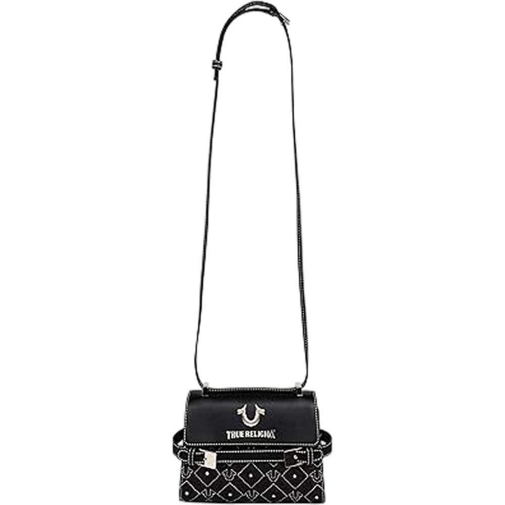image:imageTrue Religion Crossbody Bag Studded Flap Purse with Diamond Stitch Pattern Horseshoe Logo and Silver HardwareBlack