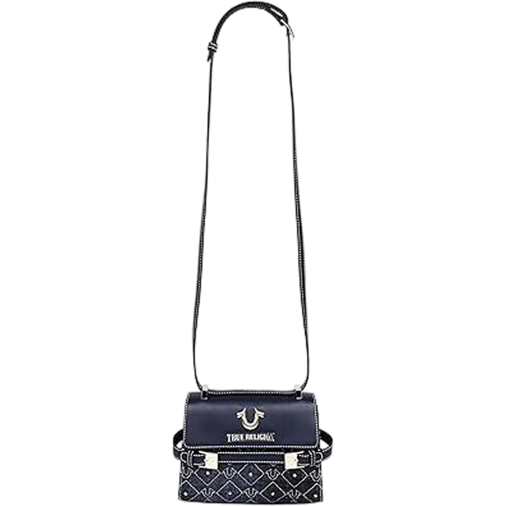 image:imageTrue Religion Crossbody Bag Studded Flap Purse with Diamond Stitch Pattern Horseshoe Logo and Silver HardwareDark Denim