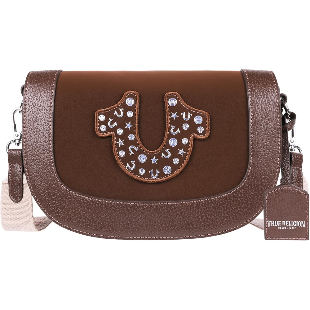 image:imageTrue Religion Crossbody Bag Womens Chocolate Flap Shoulder Purse Suede Horseshoe Patch with Western Rhinestones Chocolate  Womens Chocolate Flap Shoulder Purse Suede Horseshoe Patch with Western Rhinestones Chocolate