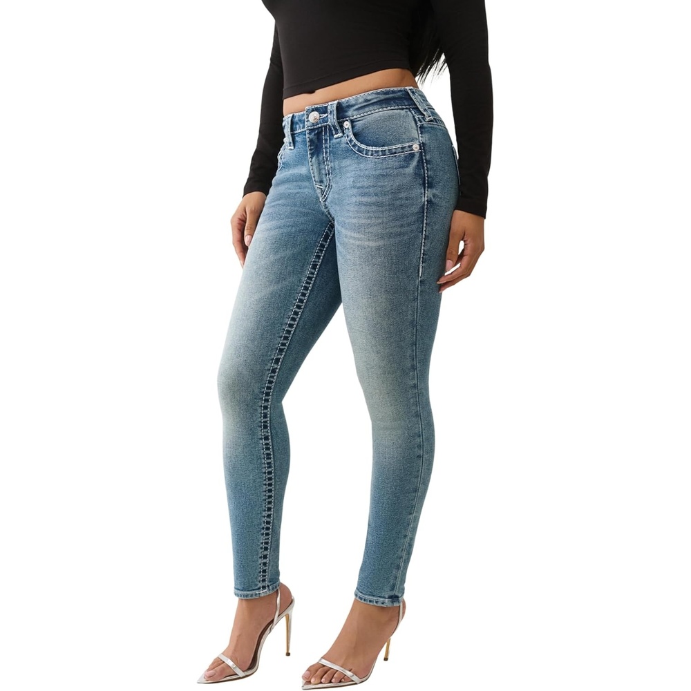 image:imageTrue Religion Crystal Jennie Big T Mid Rise Skinny Women Jeans  Flap Pockets amp Premium Denim for Women