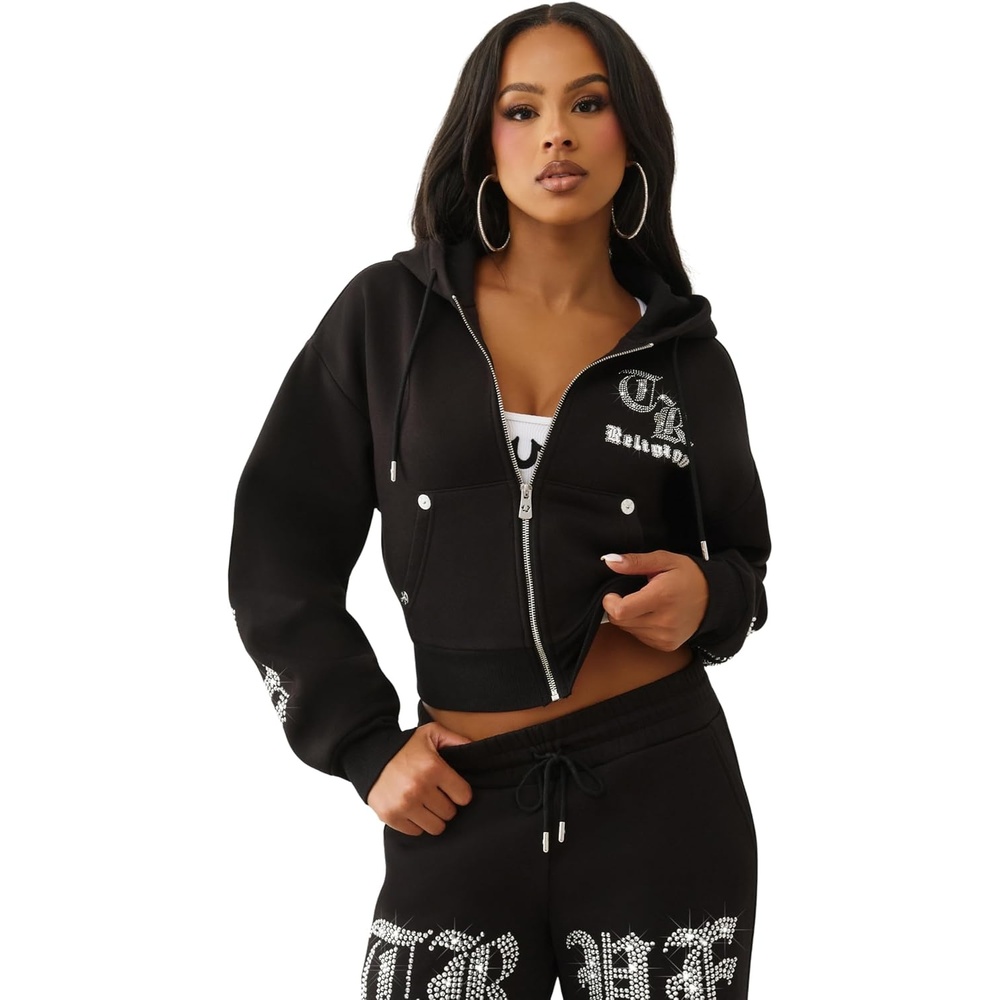 image:imageTrue Religion Crystal Logo Crop Zip Hoodie for Women  Cozy FleeceLined Cotton BlendJet Black