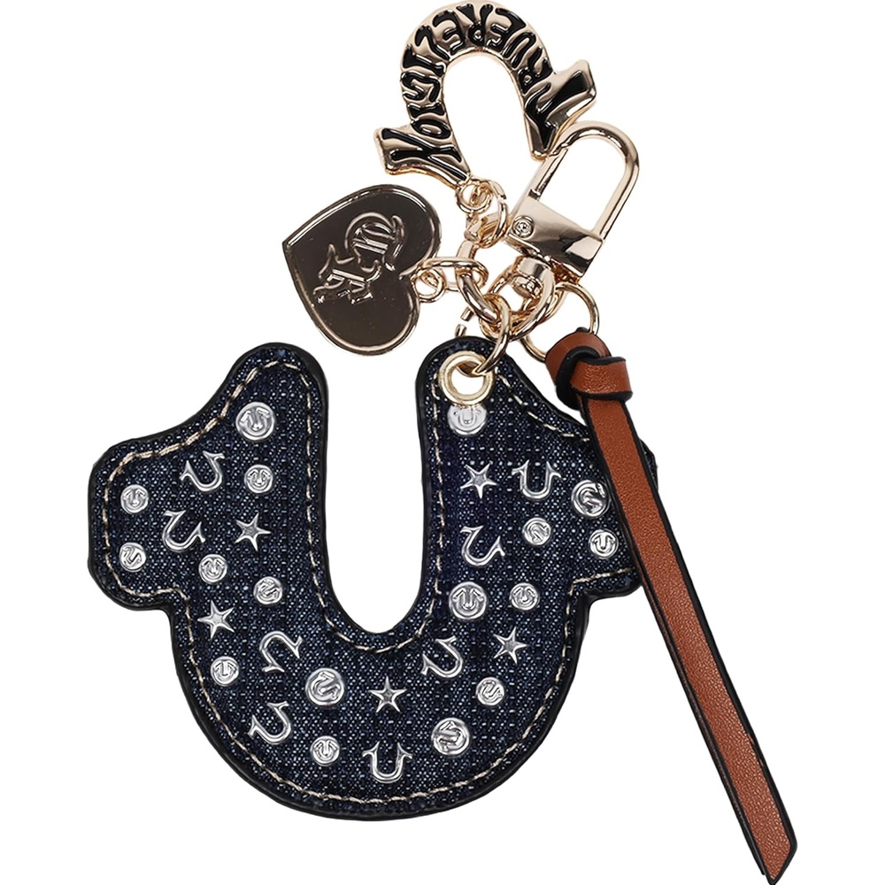 image:imageTrue Religion Denim Horseshoe Bag Charm Gold Hardware Keychain with Heart Pendant and Accent Strap Dark Denim  Gold Hardware Keychain with Heart Pendant and Accent Strap