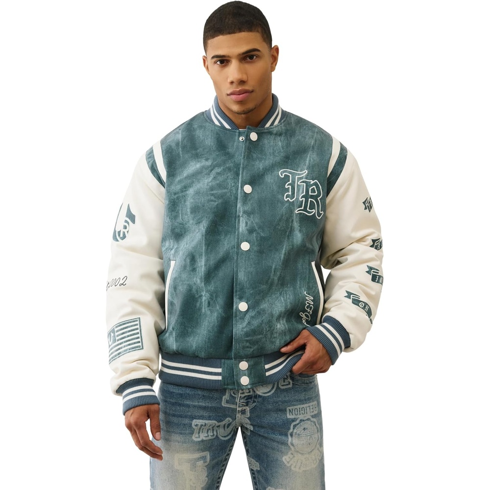 image:imageTrue Religion Denim Print Retro Varsity Jacket for Men  Streetwear Mens Jacket with Embroidery amp Patch DetailsDenim  Winter Wht