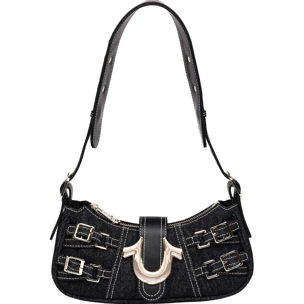 image:imageTrue Religion Denim Shoulder Bag Everyday Purse with Adjustable Strap Zip and Magnetic Snap ClosureBlack Denim