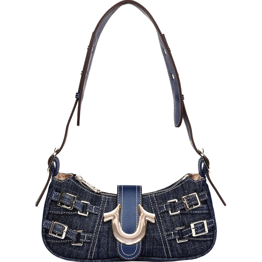 image:imageTrue Religion Denim Shoulder Bag Everyday Purse with Adjustable Strap Zip and Magnetic Snap ClosureDark Denim