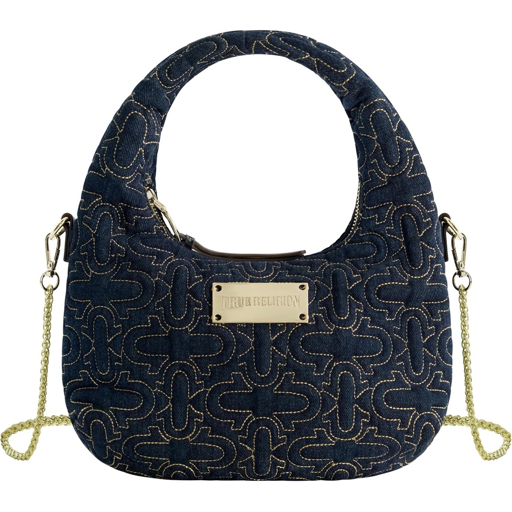 image:imageTrue Religion Hobo Bag Womens Quilted Denim Handbag with Adjustable Shoulder Strap Black  Womens Quilted Denim Handbag with Adjustable Shoulder Strap