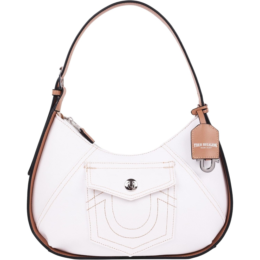image:imageTrue Religion Hobo Bag Womens Shoulder Handbag with Contrast Trim and Horseshoe Pocket Design White  Womens Shoulder Handbag with Contrast Trim and Horseshoe Pocket Design