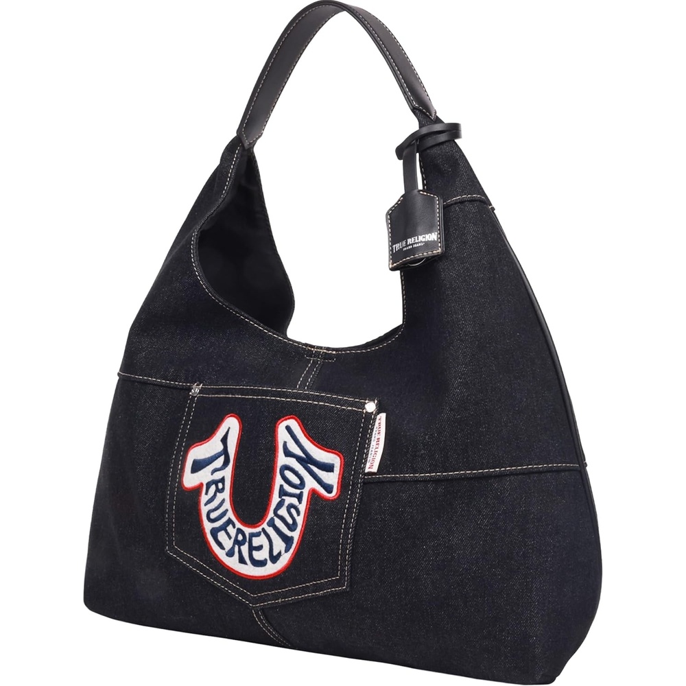 image:imageTrue Religion Hobo Shoulder Bag Purse Black  Retro Denim Travel Handbag with Oversized Logo