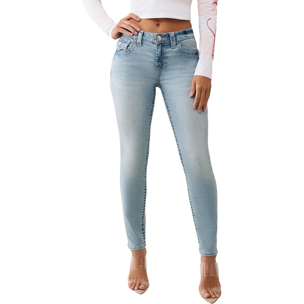 image:imageTrue Religion Jennie Mid Rise Skinny Flap Big T Jeans  Denim Horseshoe Back Pockets amp Silver Hardware
