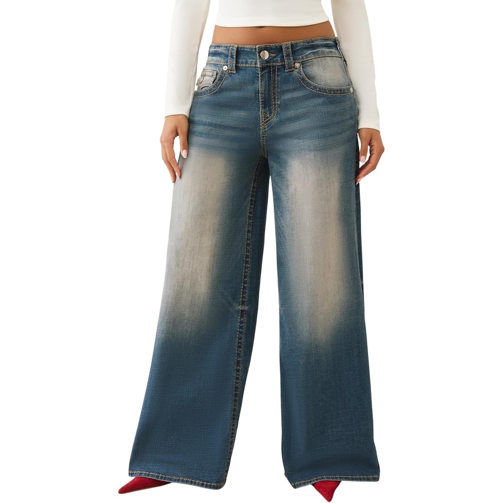 image:imageTrue Religion Jessie Super Baggy Flap Big T Womens Denim Pants  Distressed Wide Leg Vintage Fit