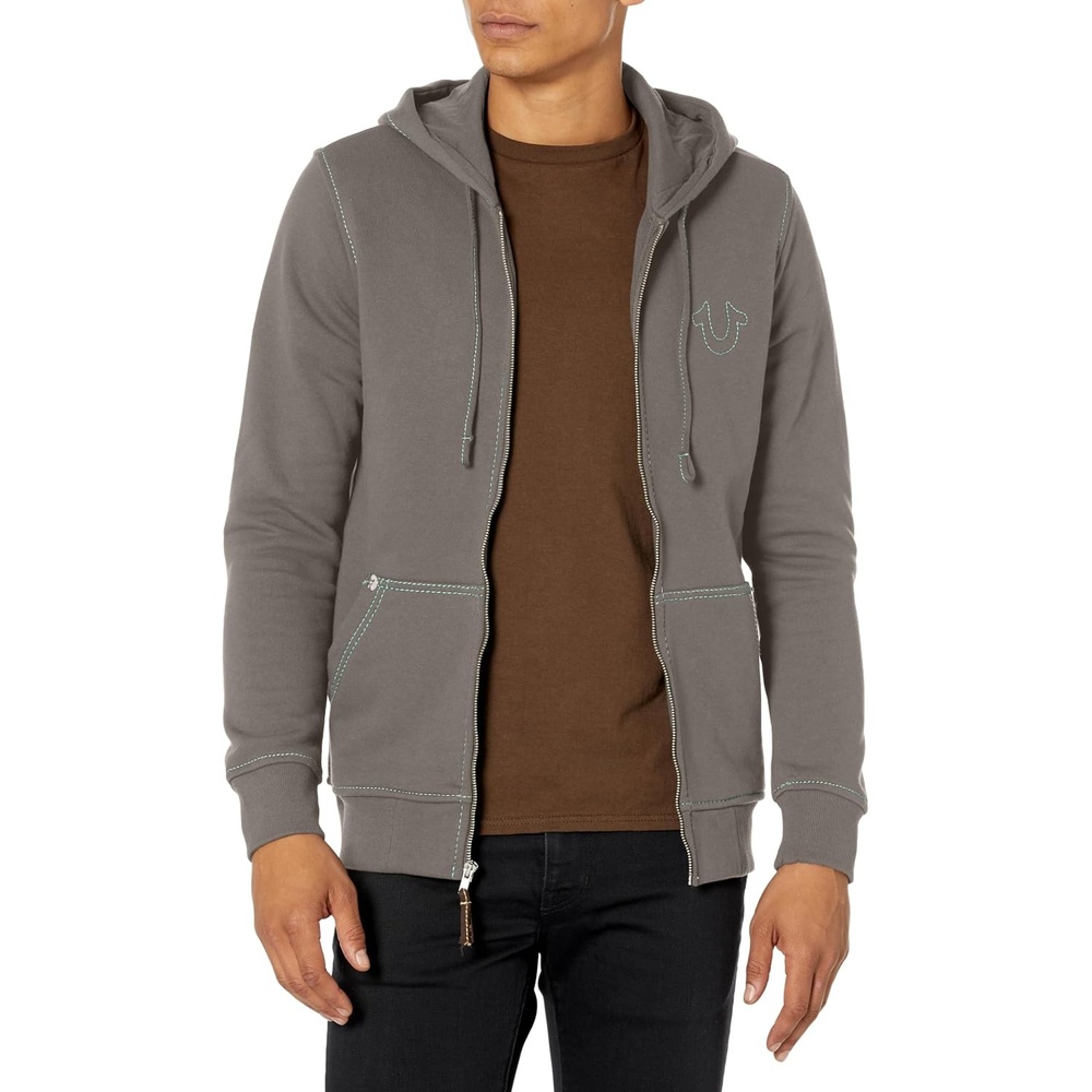image:imageTrue Religion Mens Big T Zip Up Hoodie Graphic Sweatshirt  Full Zip Hoodies for MenGranite Grey