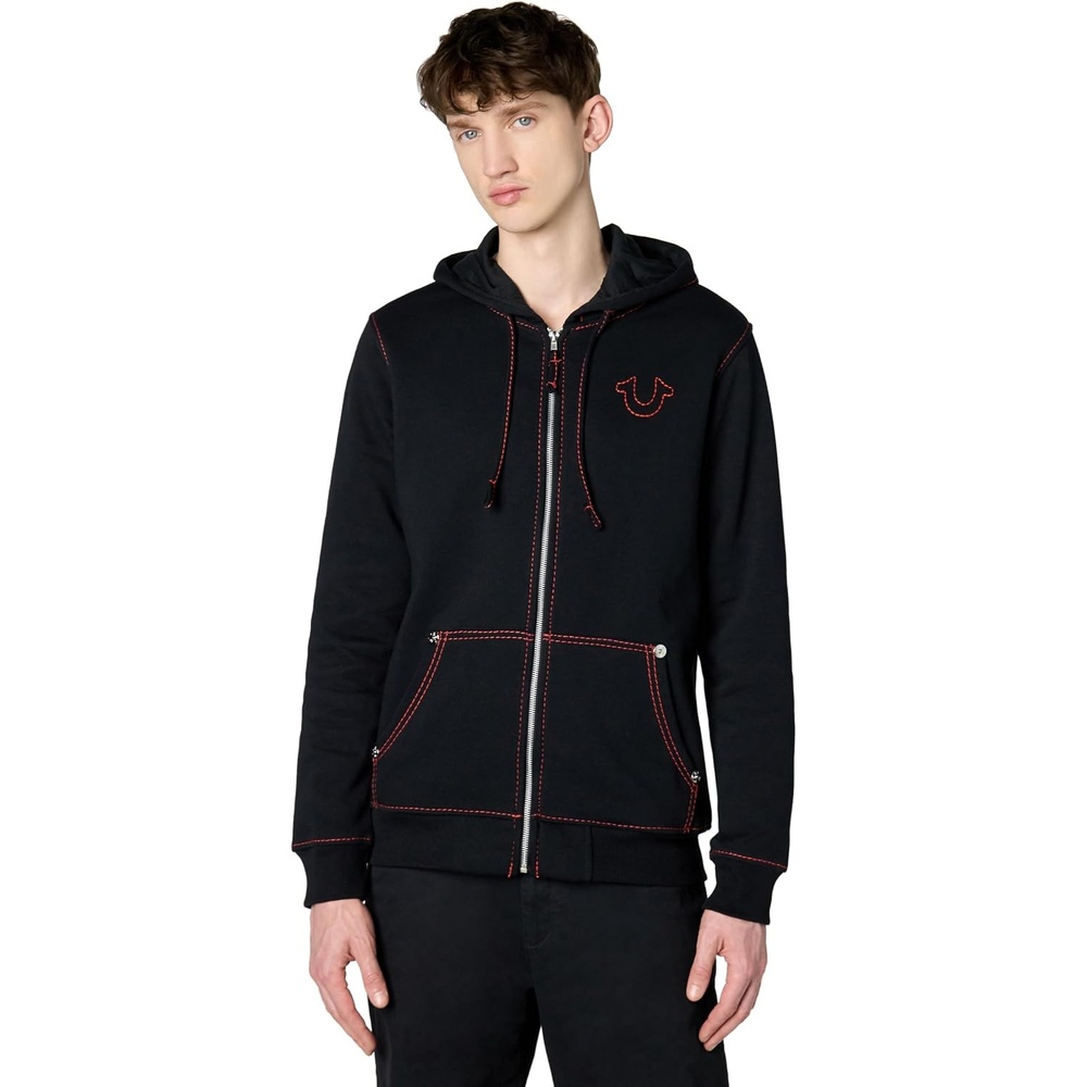 image:imageTrue Religion Mens Big T Zip Up Hoodie Graphic Sweatshirt  Full Zip Hoodies for MenJet BlackFiery Red