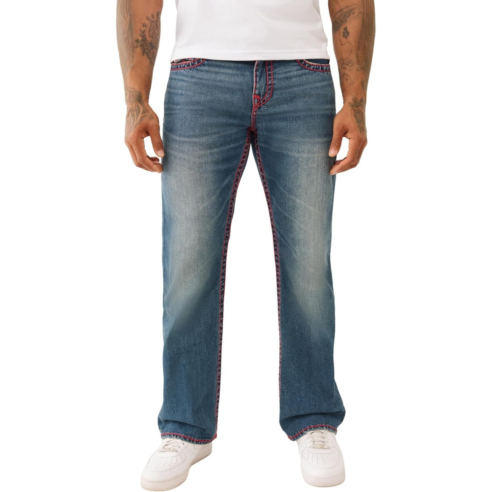 image:imageTrue Religion Mens Billy Super T Flap Jeans  Straight Leg Denim with Contrast StitchingEriccson Pl Dark Wash