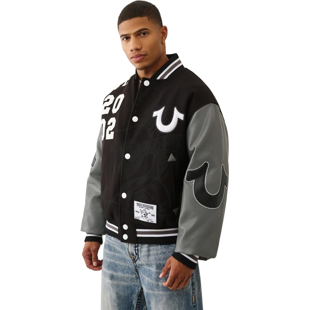 image:imageTrue Religion Mens Boxy Varsity Jacket  Snap Front Bomber Style with Embroidered LogosJet Black Granite Grey