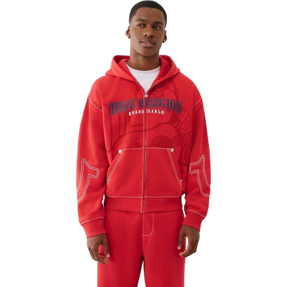 image:imageTrue Religion Mens Cinched Big T Zip UP Hoodie  Full Zip Sweatshirt with Contrast StitchingTrv Red