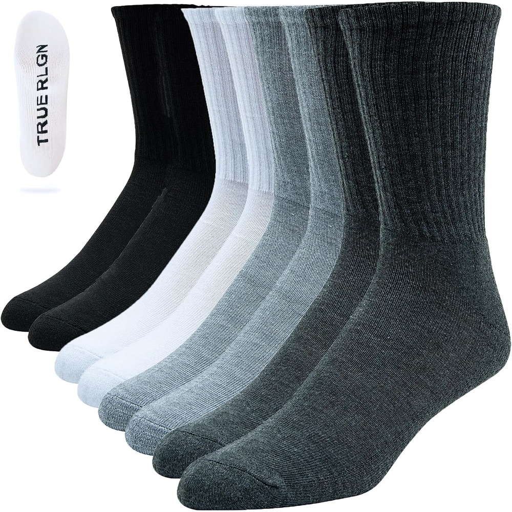 image:imageTrue Religion Mens Crew Socks 8 Pairs Premium Athletic Mens Socks 8122 Black  2 White  2 Lt Grey  2 Dk Grey