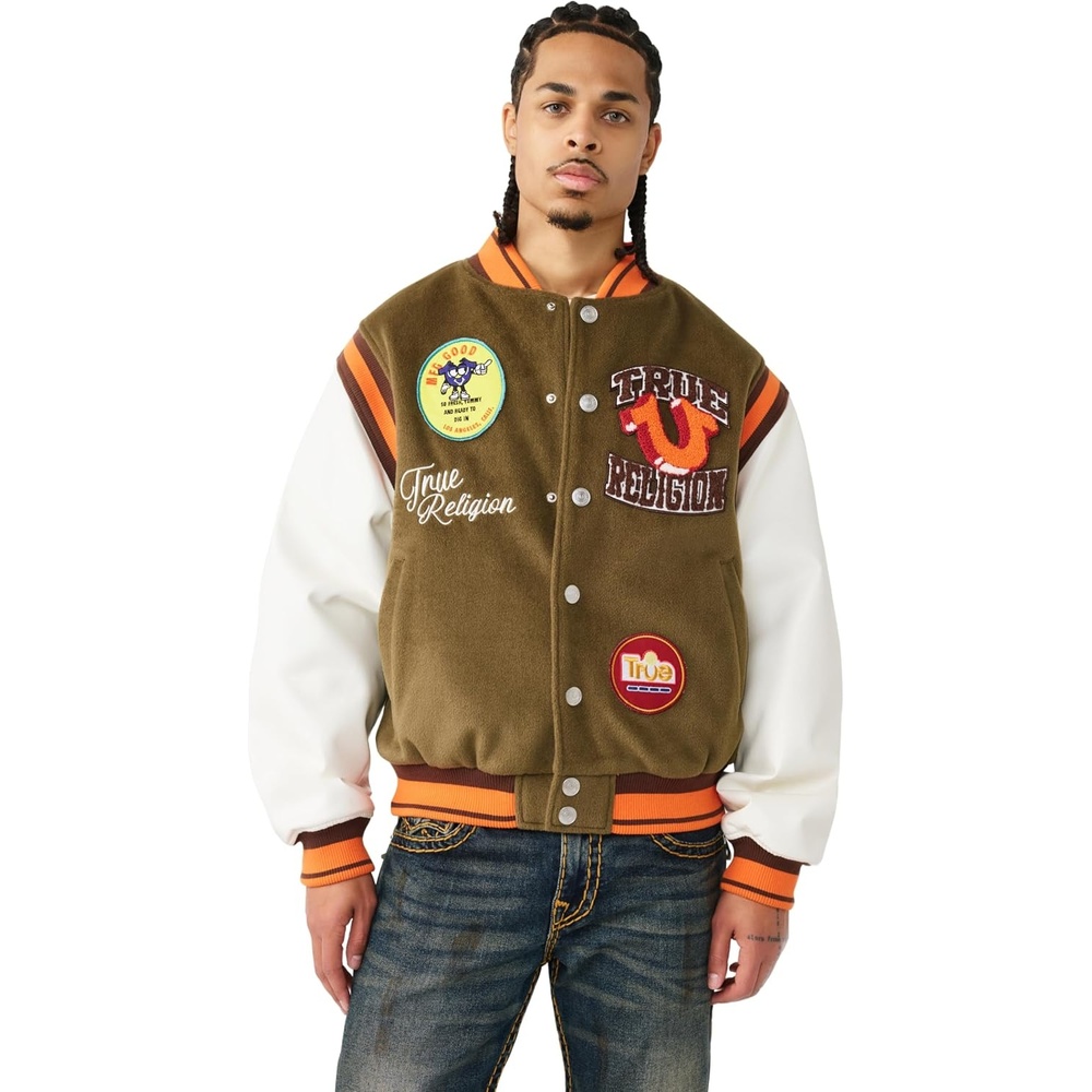 image:imageTrue Religion Mens Garden Logo Retro Varsity Jacket  Faux Leather SnapFront Closure Striped Trim Detail