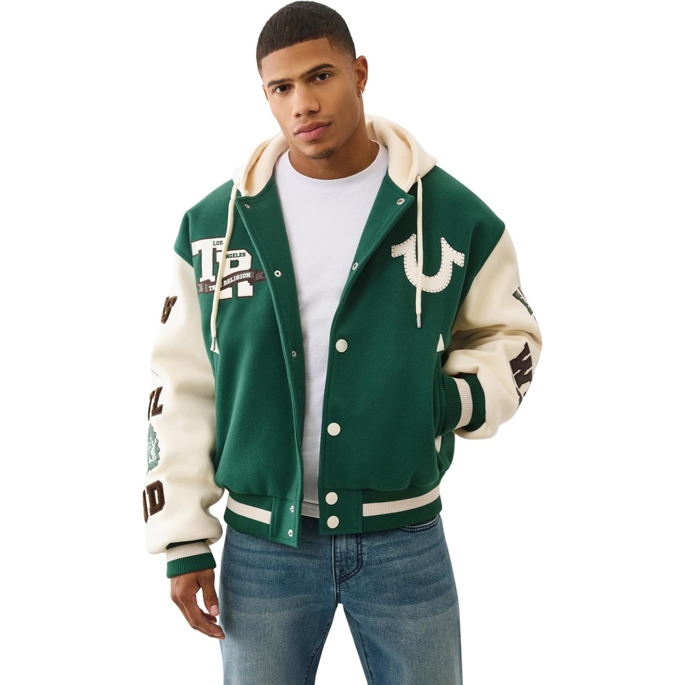 image:imageTrue Religion Mens Retro Wool Varsity Jacket  Classic Letterman Bomber with Logo PatchesEvergreen Winter White