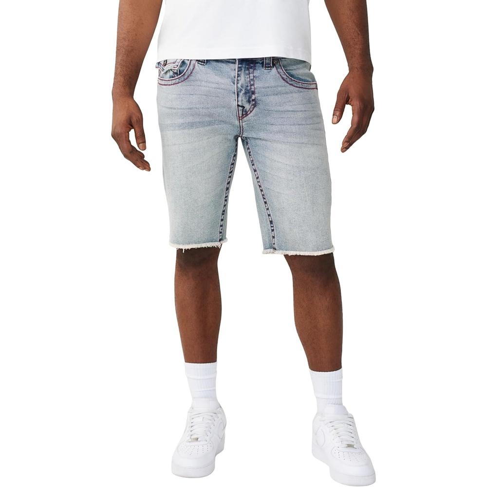 image:imageTrue Religion Mens Ricky Frayed Hem Denim Short  Relaxed Fit Horseshoe Detailing RawCut Hem  Starlit Gleam Light Wash 31