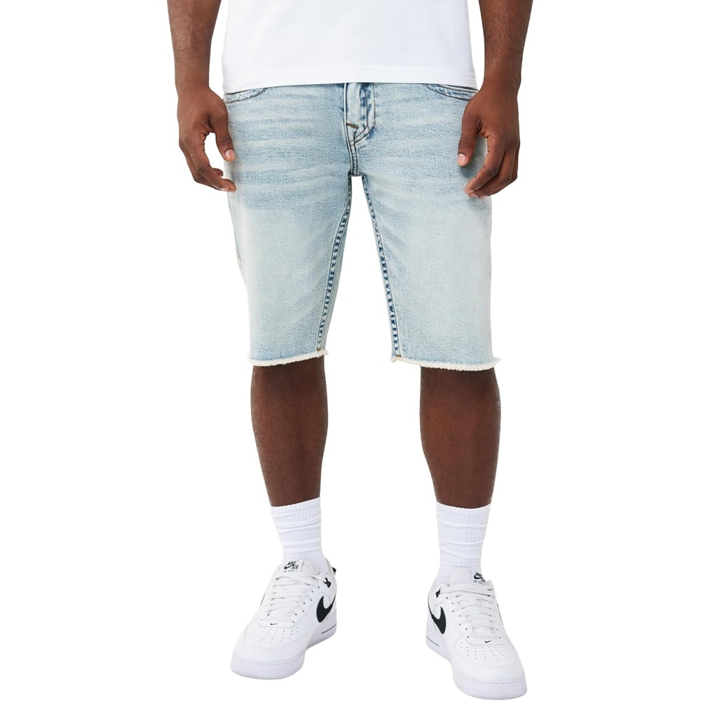 image:imageTrue Religion Mens Ricky Frayed Hem Denim Short  Relaxed Fit RawCut Hem Horseshoe Detailing  Playmaker Faded Indigo Lt Wash 27