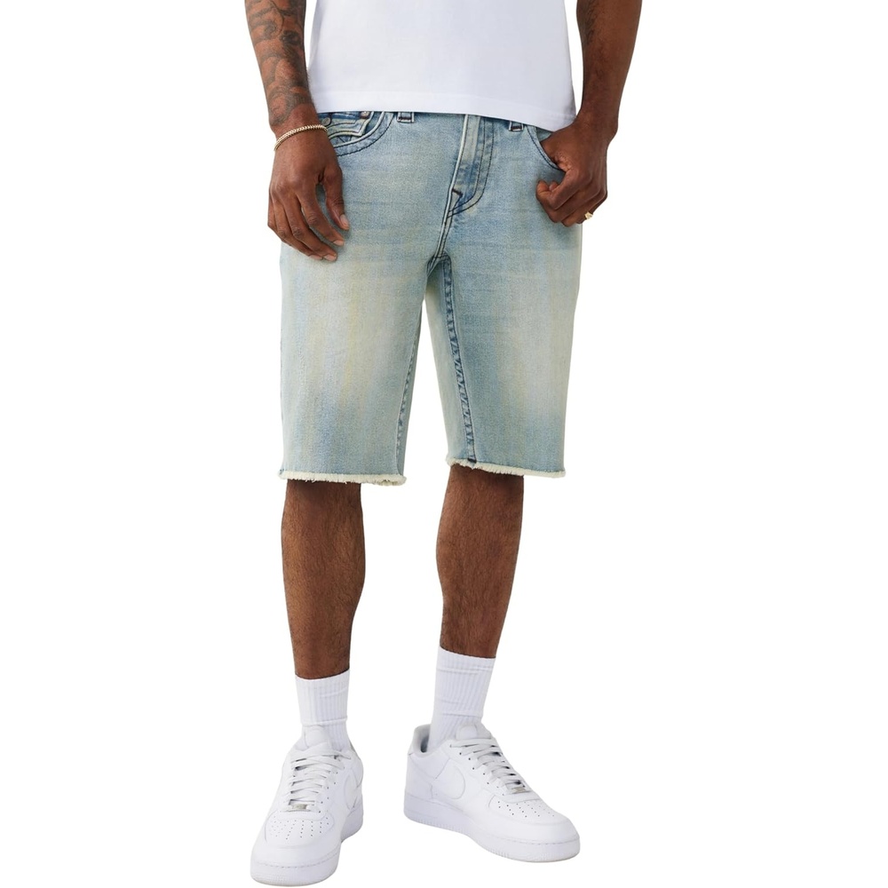 image:imageTrue Religion Mens Ricky Frayed Hem Denim Short  Relaxed Fit Zip Fly Horseshoe Detailing