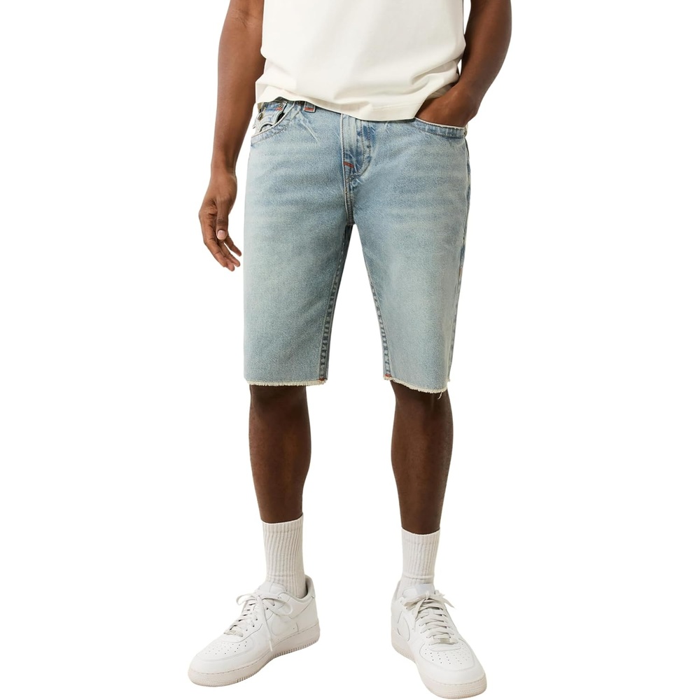 image:imageTrue Religion Mens Ricky Sn Flap Light Short Fray Hem  Rocky Point Light  Denim Shorts with Frayed HemRocky Point Light