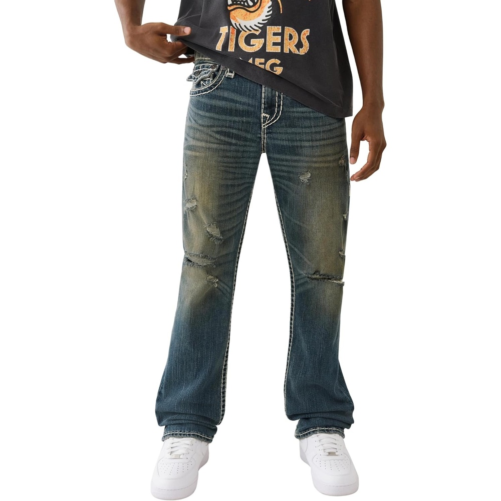 image:imageTrue Religion Mens Ricky Super T Straight Leg Denim Jeans for Men  Dark Wash with Signature Horseshoe StitchingMenswear Dark Wash Wih Rips