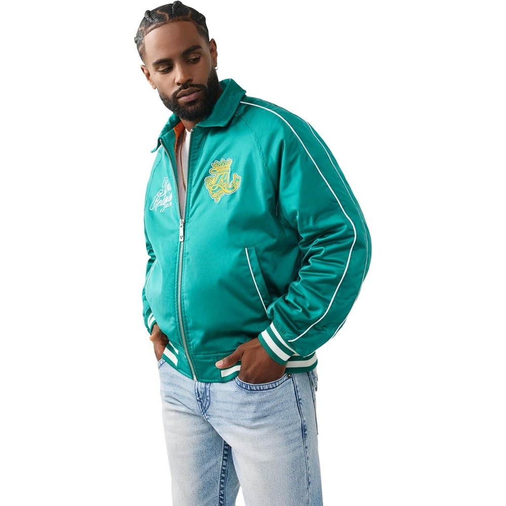 image:imageTrue Religion Mens Satin Embroidered Bomber Jacket  SnapFront Varsity Trim Embroidered Logo