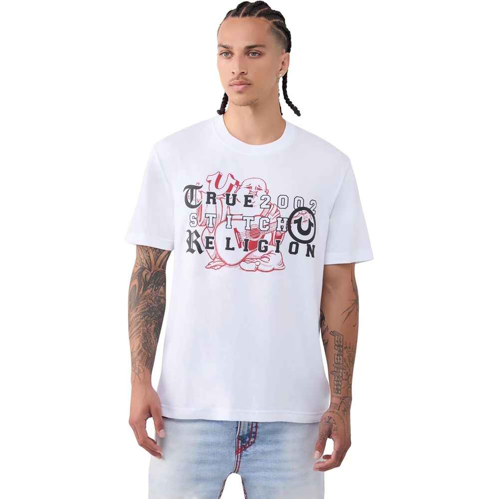 image:imageTrue Religion Mens Short Sleeve Buddha Letters Tee  Graphic Tee ClaShort Sleeveic FitOptic White