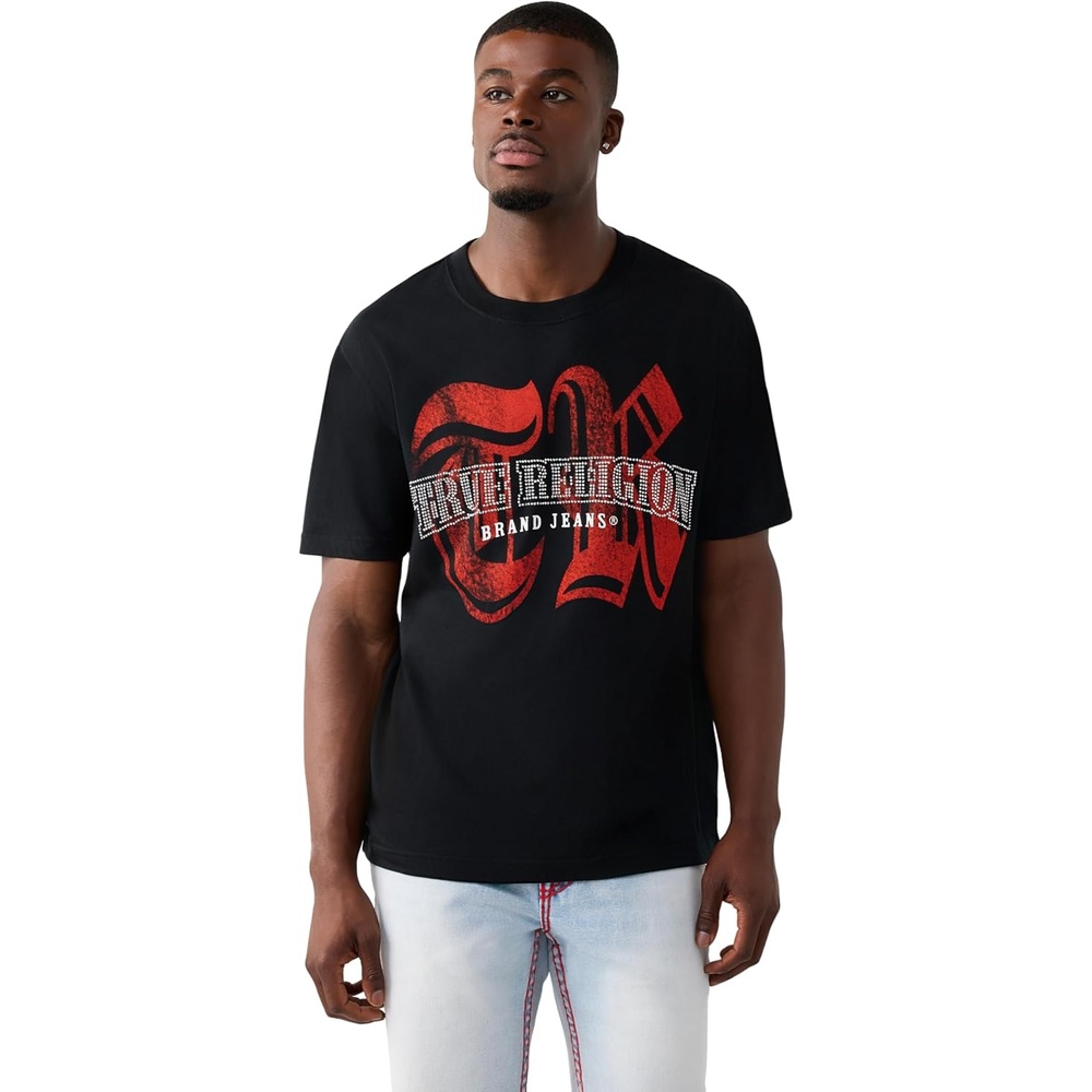 image:imageTrue Religion Mens Short Sleeve Crystal Logo Tee  Soft Feel  Classic Fit Crewneck TShirt 100 CottonJet Black
