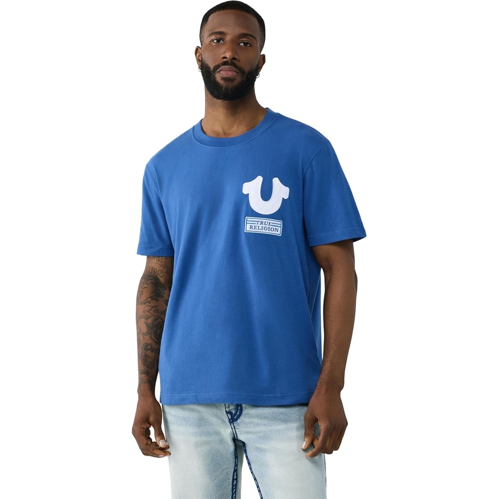 image:imageTrue Religion Mens Short Sleeve Horseshoe Repeat Tee  Durable TShirt  100 Cotton Soft ComfortablePacific Blue