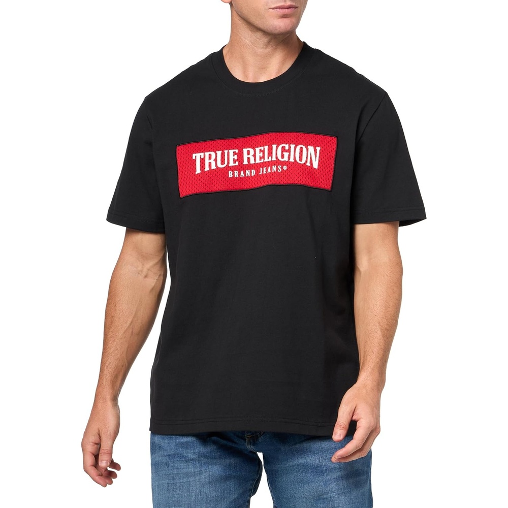 image:imageTrue Religion Mens Short Sleeve Mesh Box Logo Tee  Casual Crew Neck TShirtJet Black