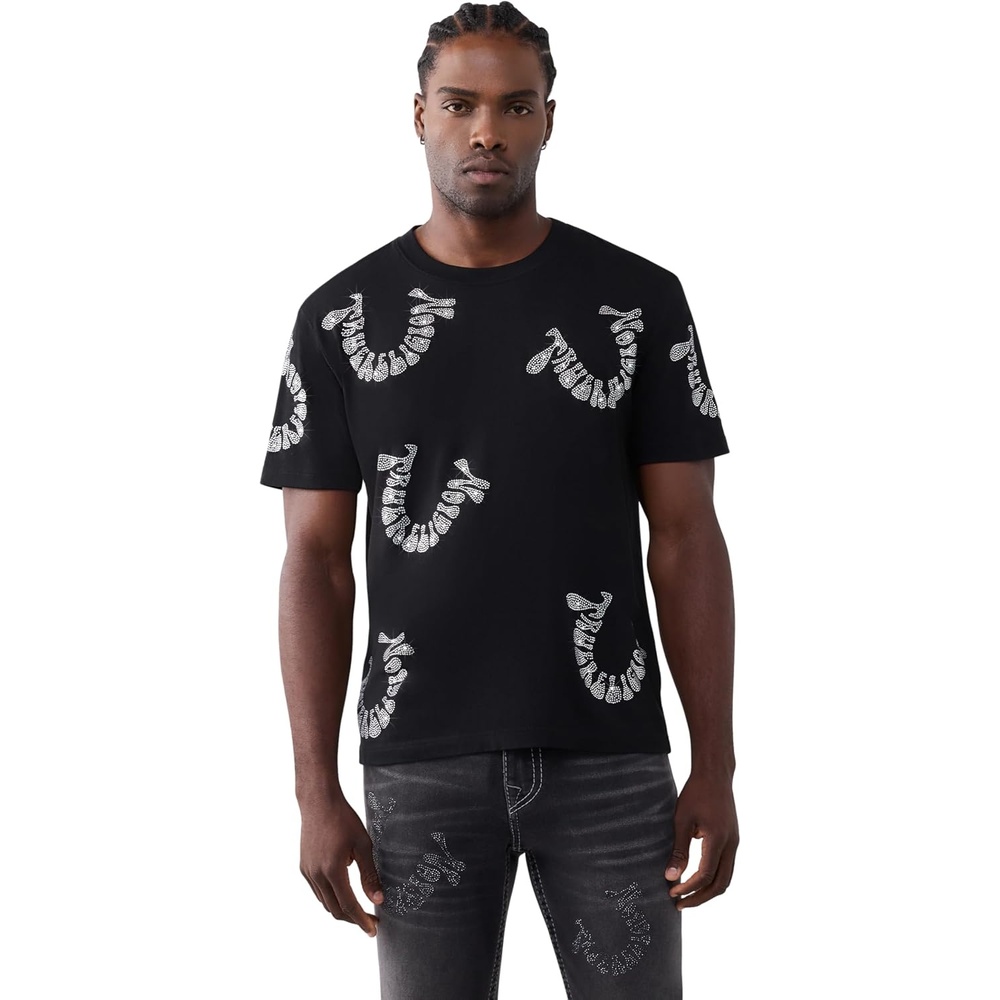 image:imageTrue Religion Mens Short Sleeve Warped Logo Crystal Tee  Graphic TShirt 100 CottonJet Black