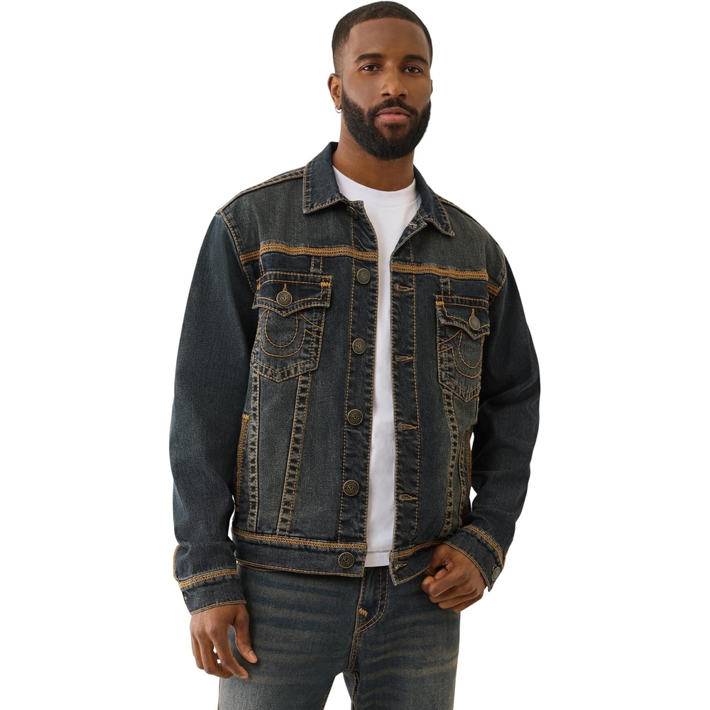 image:imageTrue Religion Mens Super T Flatlock Trucker Jacket  Contrast Stitch Denim Jacket with LogoGreenland Dark Wash