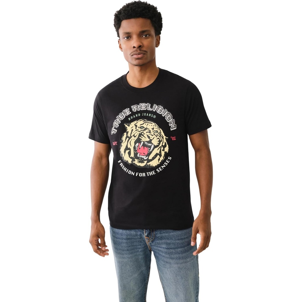image:imageTrue Religion Mens Tiger Face Bling Short Sleeve Tee  Casual Graphic Crew Neck TShirtJet BlackJet Black