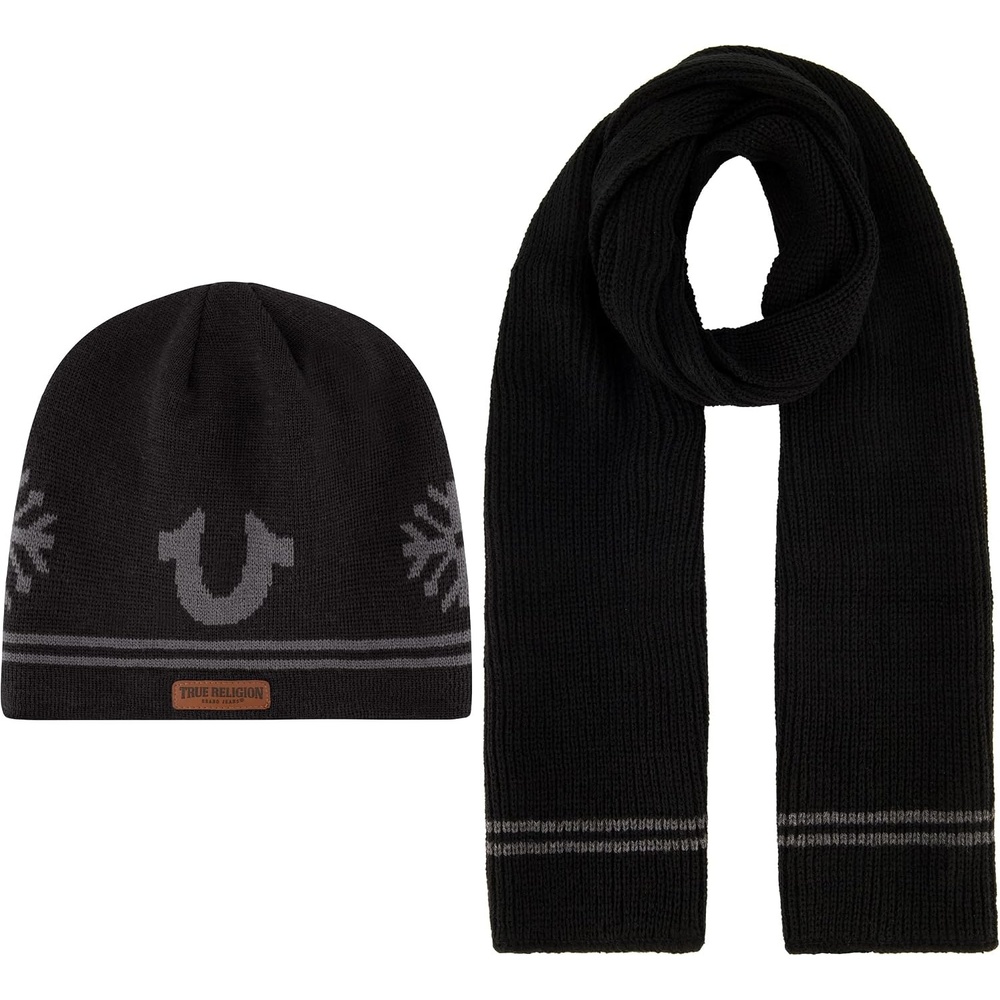 image:imageTrue Religion Mens True Religion Beanie Hat and Scarf Set Ribbed Long Winter Knit Cap and Scarf With End StripesBlack