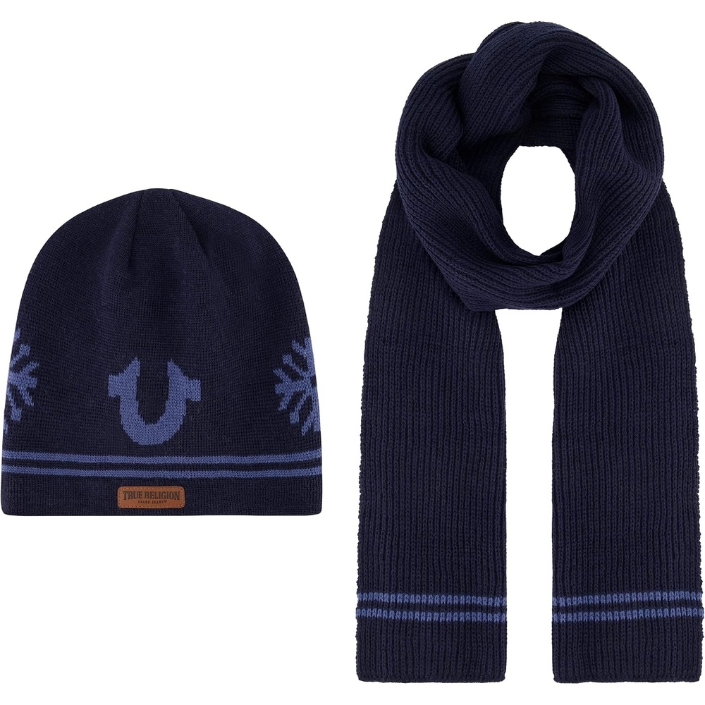 image:imageTrue Religion Mens True Religion Beanie Hat and Scarf Set Ribbed Long Winter Knit Cap and Scarf With End StripesNavy
