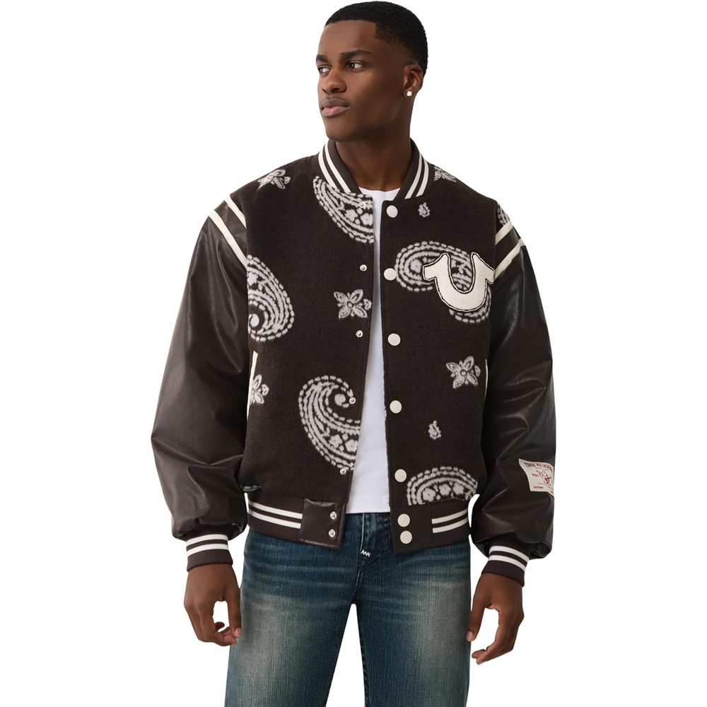 image:imageTrue Religion Mens Wool Retro Varsity Jacket  Classic Letterman Bomber with Logo PatchesDark Brown Winter White