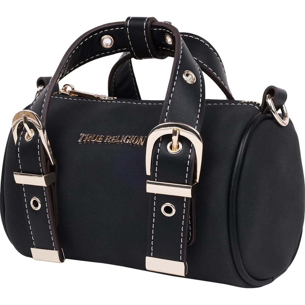 image:imageTrue Religion Metal Plaque Quilted Crossbody Bag Quilted Shoulder Purse with Gold Logo and Adjustable HandbagBlack