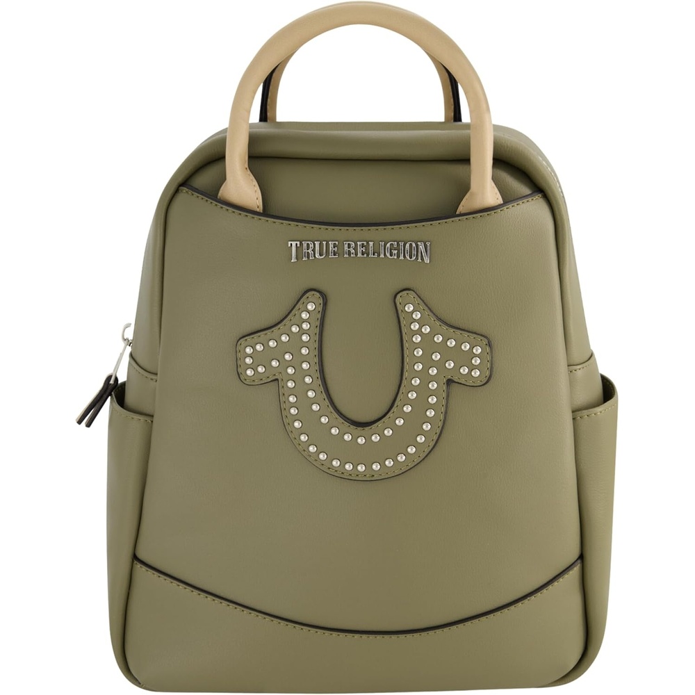 image:imageTrue Religion Mini Backpack  Studded Horseshoe Logo Small Travel Bag Purse for Women Adjustable Shoulder Straps CamelOlive