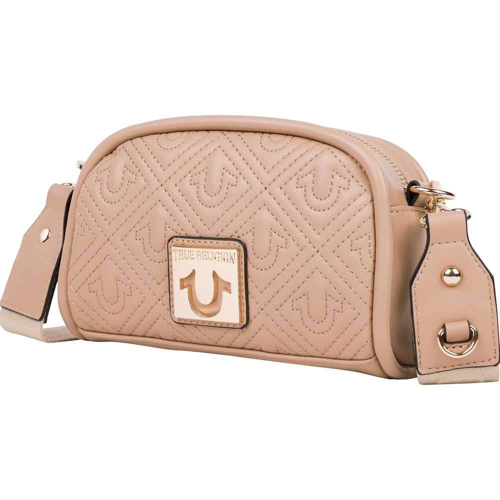 image:imageTrue Religion Quilted Crossbody Bag Structured Purse for Women Adjustable Strap Quilted Horseshoe PatternTan