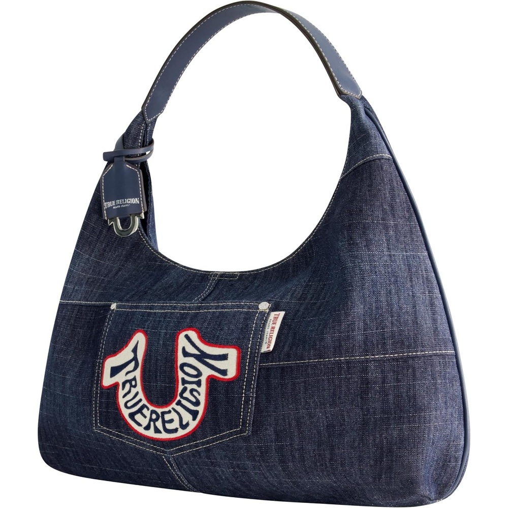 image:imageTrue Religion Retro Denim Hobo Bag Oversized Horseshoe Logo Shoulder Purse with Patchwork Style Hand Bag Dark Denim  Oversized Horseshoe Logo Shoulder Purse with Patchwork Style Hand Bag